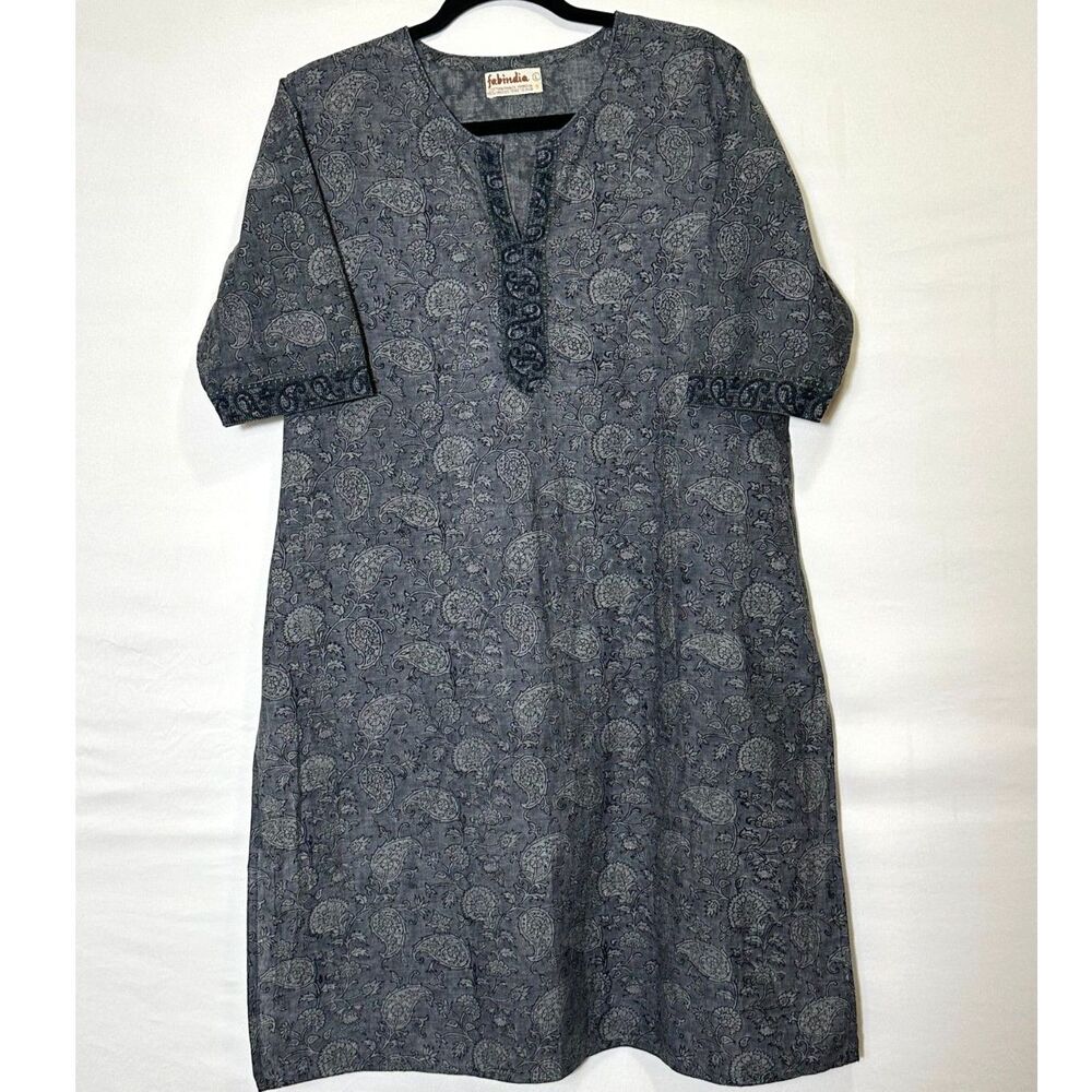 Fabindia Women's Blue Gray 1/2 Sleeve Kurta Tunic Top Size L BOHO Paisley Cotton